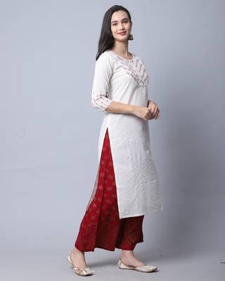 women's beige pure cambric cotton embroidered kurti 4