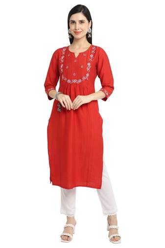 women's red rayon viscous embroidered kurti