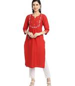women's red rayon viscous embroidered kurti
