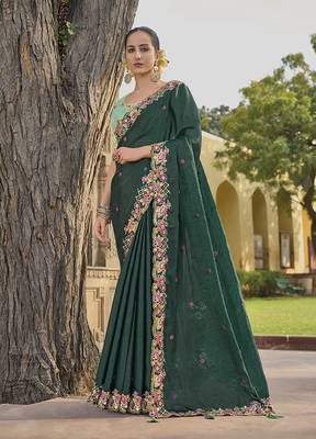 Dark Green Colour Embroidered Organza Silk Saree 1