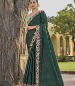 Dark Green Colour Embroidered Organza Silk Party Saree