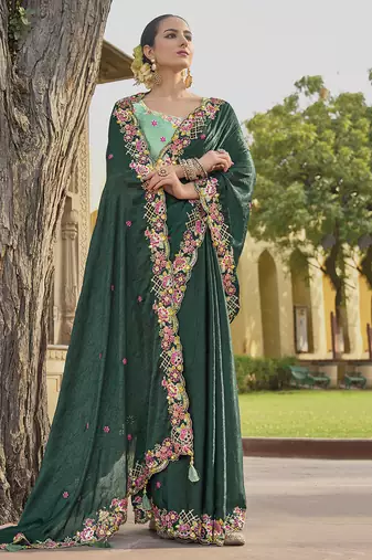 Dark Green Colour Embroidered Organza Silk Saree
