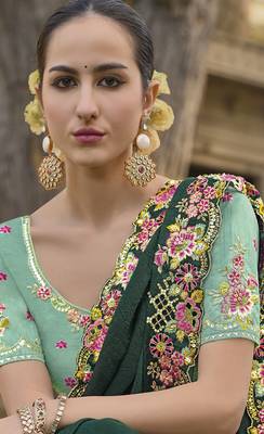 Dark Green Colour Embroidered Organza Silk Saree 3