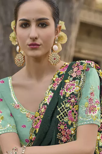 Dark Green Colour Embroidered Organza Silk Saree