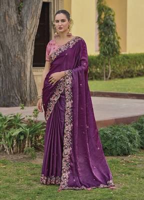 Dark Purple Colour Embroidered Organza Silk Saree 1