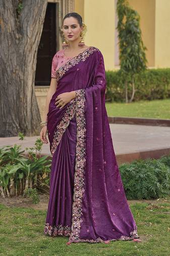 Dark Purple Colour Embroidered Organza Silk Party Saree