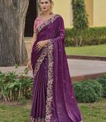 Dark Purple Colour Embroidered Organza Silk Party Saree