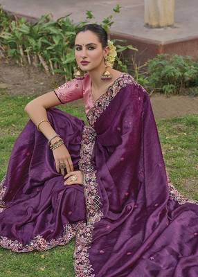 Dark Purple Colour Embroidered Organza Silk Saree 2