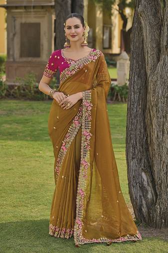 Light Brown Colour Embroidered Organza Silk Party Saree