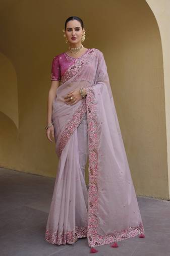 Baby Pink Colour Embroidered Organza Silk Party Saree