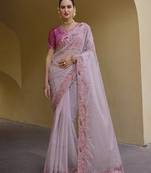 Baby Pink Colour Embroidered Organza Silk Party Saree