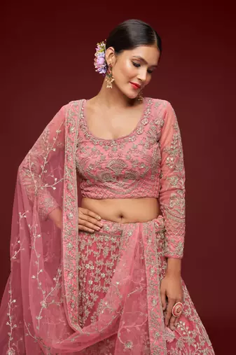 Fantasy Rose Thread Zari Badla And Glitter Dori Embroidered Net Lehenga Choli For Wedding