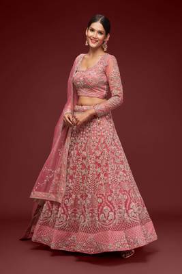 Fantasy Rose Thread Zari Badla And Glitter Dori Embroidered Net Lehenga Choli For Wedding 4