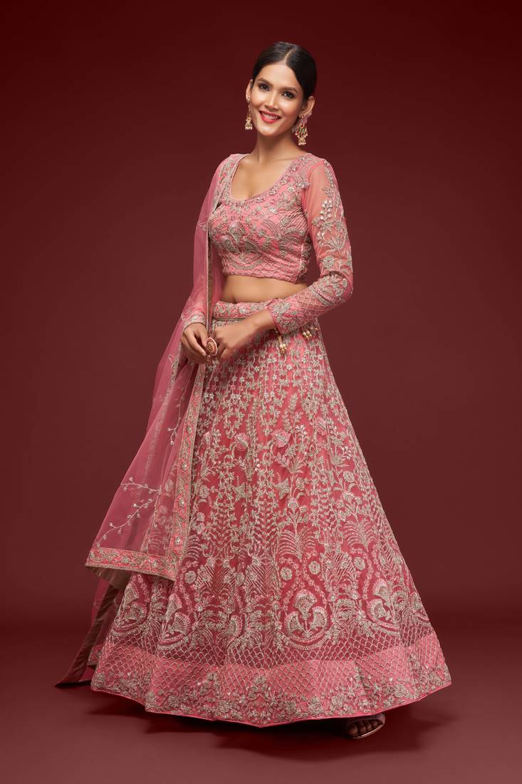 Fantasy Rose Thread Zari Badla And Glitter Dori Embroidered Net Lehenga Choli For Wedding