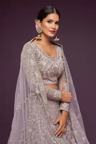 Dusky Orchid Thread Zari Badla And Glitter Dori Embroidered Net Lehenga Choli For Bridal