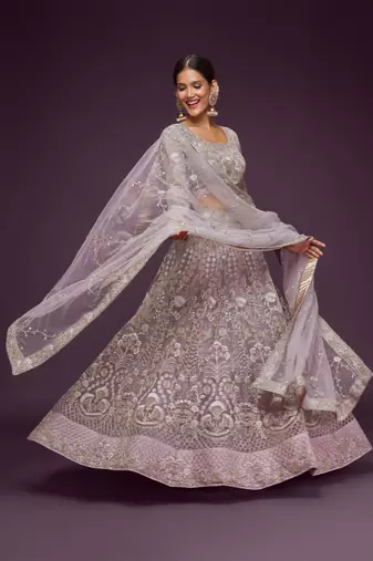 Dusky Orchid Thread Zari Badla And Glitter Dori Embroidered Net Lehenga Choli For Bridal