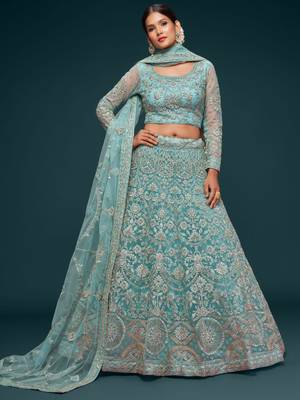 Ocean Aqua Thread Zari Badla And Glitter Dori Embroidered Net Lehenga Choli For Bride 1