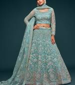 Ocean Aqua Thread Zari Badla And Glitter Dori Embroidered Net Lehenga Choli For Bride