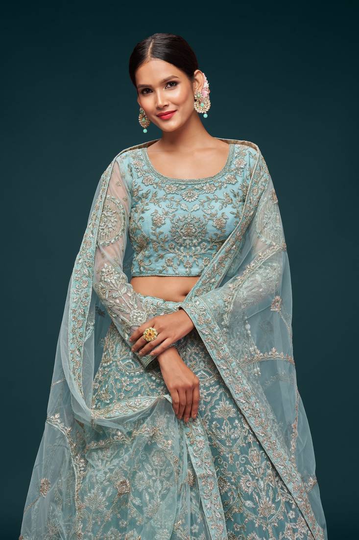 Ocean Aqua Thread Zari Badla And Glitter Dori Embroidered Net Lehenga Choli For Bride