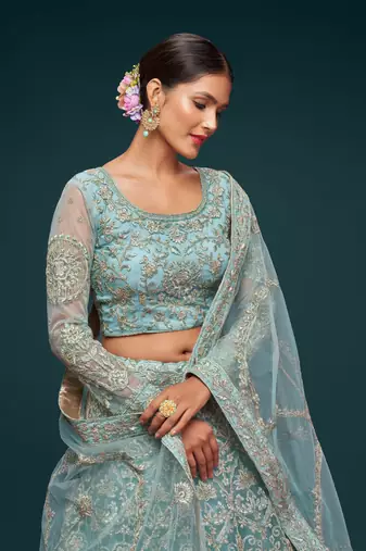 Ocean Aqua Thread Zari Badla And Glitter Dori Embroidered Net Lehenga Choli For Bride