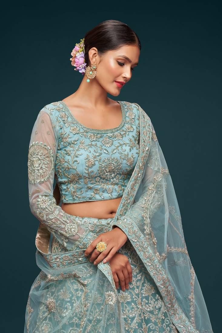 Ocean Aqua Thread Zari Badla And Glitter Dori Embroidered Net Lehenga Choli For Bride