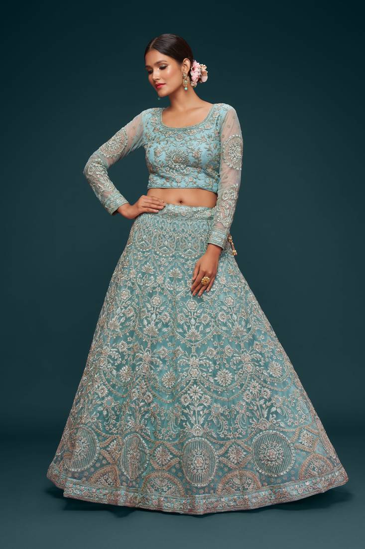Ocean Aqua Thread Zari Badla And Glitter Dori Embroidered Net Lehenga Choli For Bride