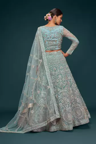 Ocean Aqua Thread Zari Badla And Glitter Dori Embroidered Net Lehenga Choli For Bride