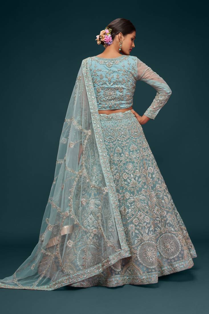 Ocean Aqua Thread Zari Badla And Glitter Dori Embroidered Net Lehenga Choli For Bride