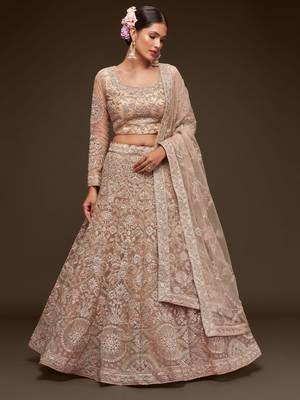  Royal Beige Thread Zari Badla And Glitter Dori Embroidered Net Designer Lehenga Design 1