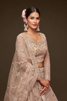  Royal Beige Thread Zari Badla And Glitter Dori Embroidered Net Designer Lehenga Design 3