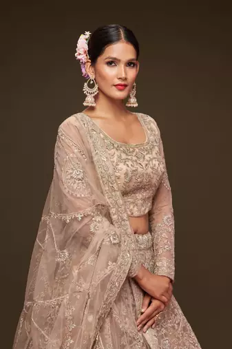  Royal Beige Thread Zari Badla And Glitter Dori Embroidered Net Designer Lehenga Design