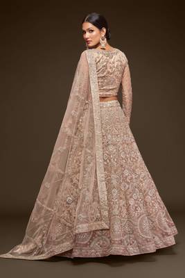  Royal Beige Thread Zari Badla And Glitter Dori Embroidered Net Designer Lehenga Design 5