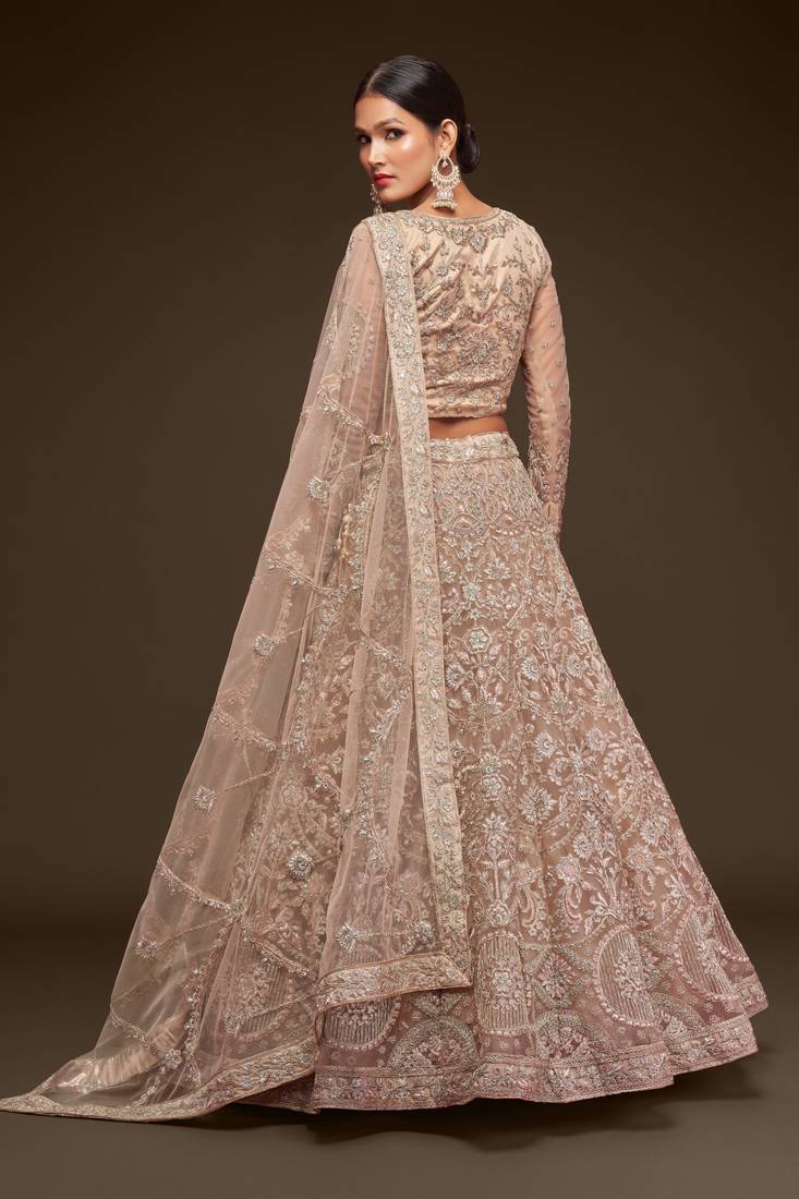  Royal Beige Thread Zari Badla And Glitter Dori Embroidered Net Designer Lehenga Design