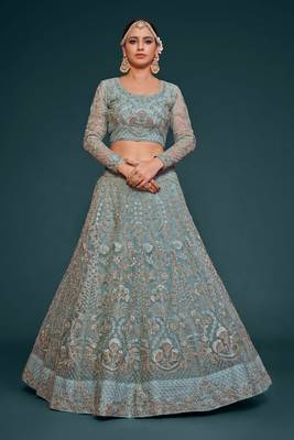 Fetching Ocean Aqua Thread Zari Badla And Glitter Dori Embroidered Net Lehenga Choli For Engagement 5