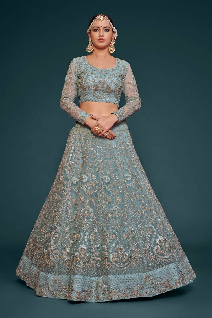 Fetching Ocean Aqua Thread Zari Badla And Glitter Dori Embroidered Net Lehenga Choli For Engagement