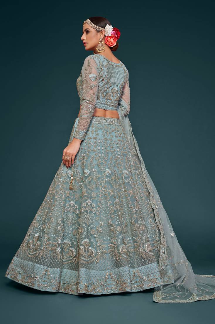 Fetching Ocean Aqua Thread Zari Badla And Glitter Dori Embroidered Net Lehenga Choli For Engagement