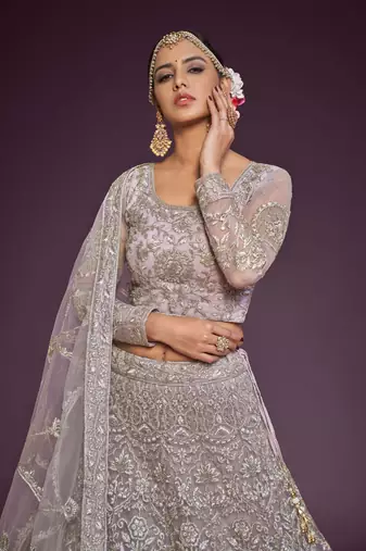 Dusky Orchid Thread Zari Badla And Glitter Dori Embroidered Net Lehenga Choli For Women