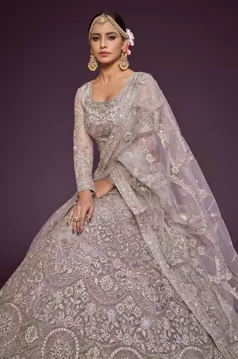 Dusky Orchid Thread Zari Badla And Glitter Dori Embroidered Net Lehenga Choli For Women
