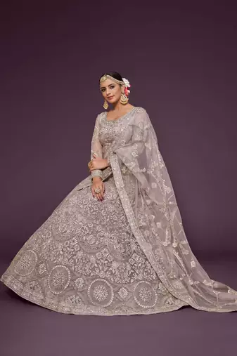 Dusky Orchid Thread Zari Badla And Glitter Dori Embroidered Net Lehenga Choli For Women