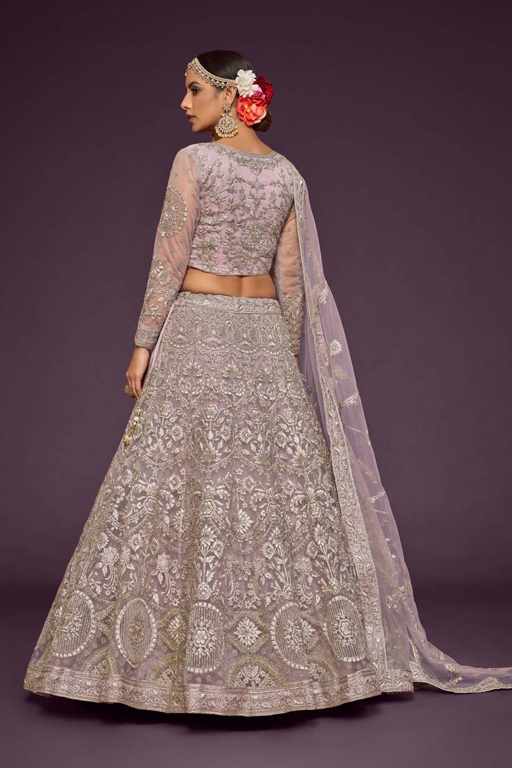 Dusky Orchid Thread Zari Badla And Glitter Dori Embroidered Net Lehenga Choli For Women