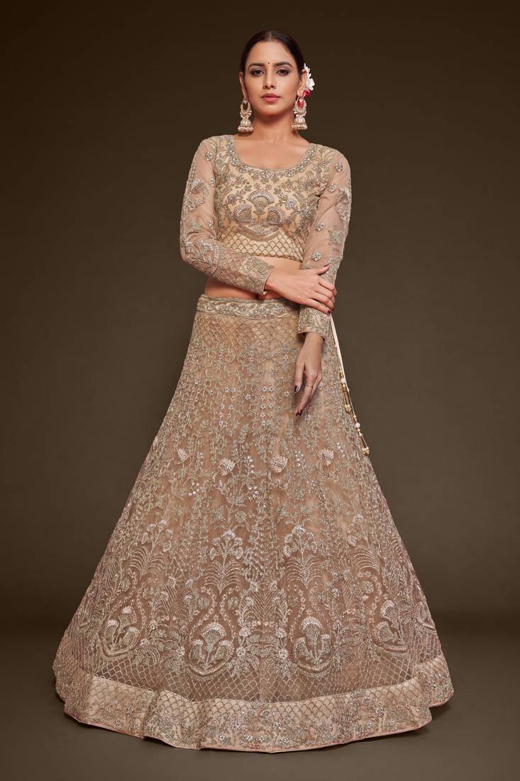  Royal Beige Thread Zari Badla And Glitter Dori Embroidered Net Lehenga Choli For Festival