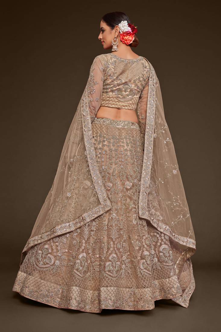  Royal Beige Thread Zari Badla And Glitter Dori Embroidered Net Lehenga Choli For Festival