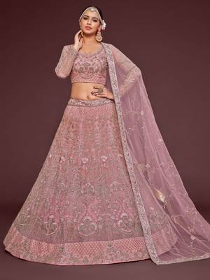 Light Pink Embroidered Soft Net Wedding Wear Lehenga Choli 1