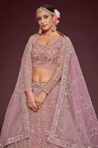 Light Pink Embroidered Soft Net Wedding Wear Lehenga Choli