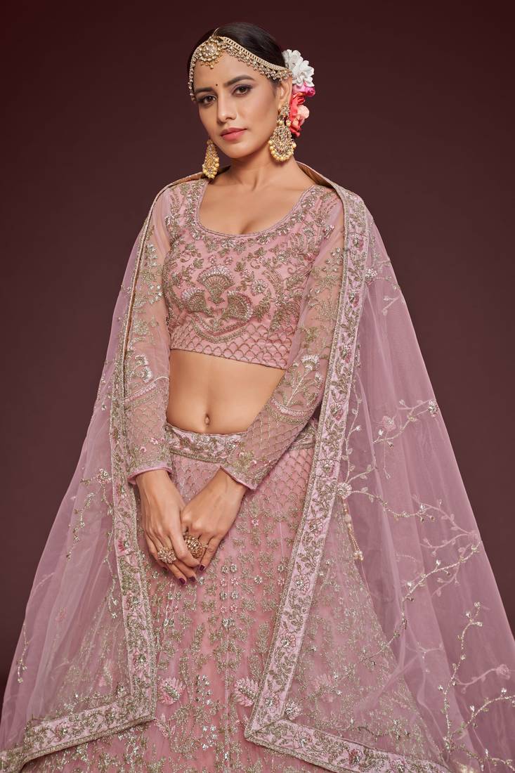 Light Pink Embroidered Soft Net Wedding Wear Lehenga Choli