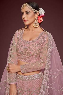 Light Pink Embroidered Soft Net Wedding Wear Lehenga Choli 4
