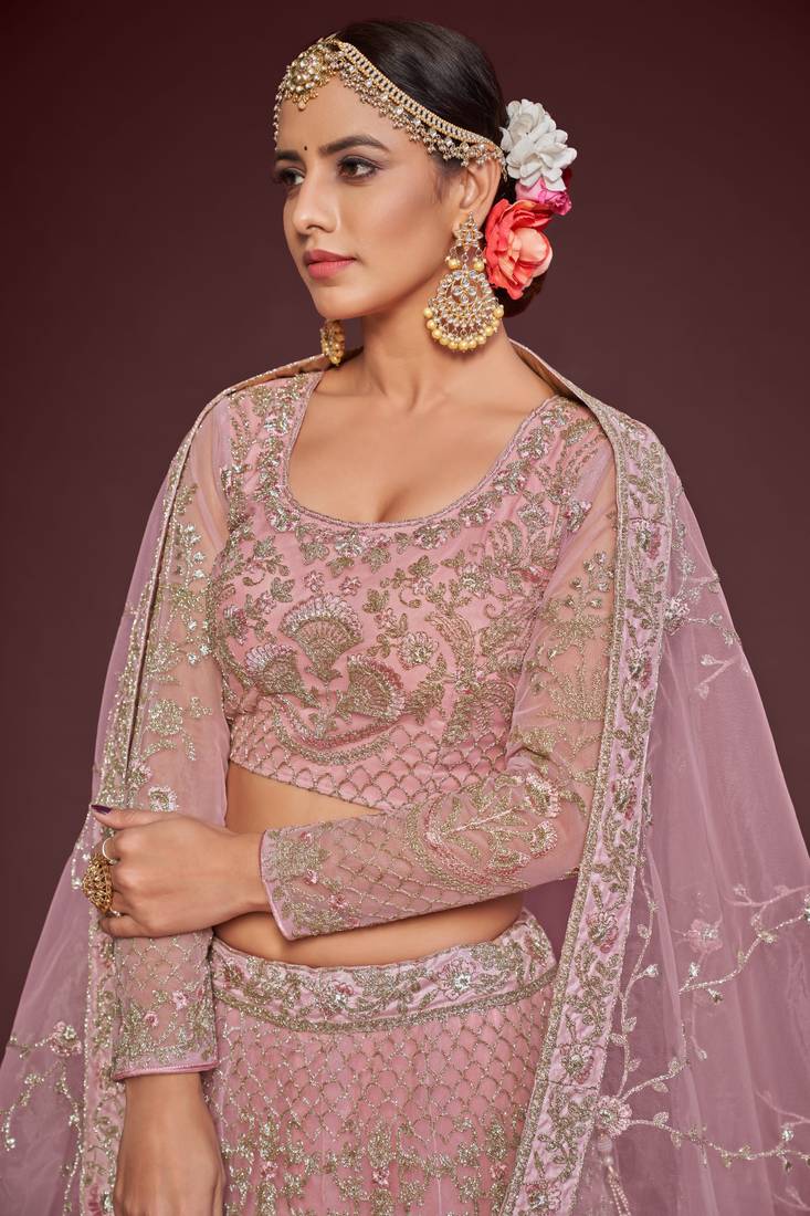 Light Pink Embroidered Soft Net Wedding Wear Lehenga Choli