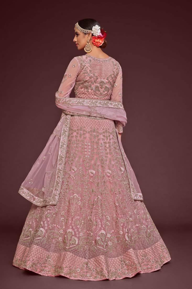 Light Pink Embroidered Soft Net Wedding Wear Lehenga Choli