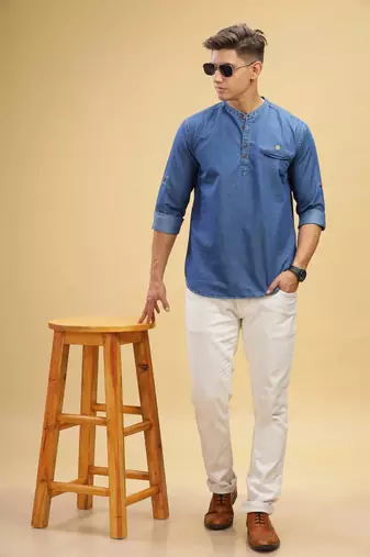 men's atlantic blue short denim kurta