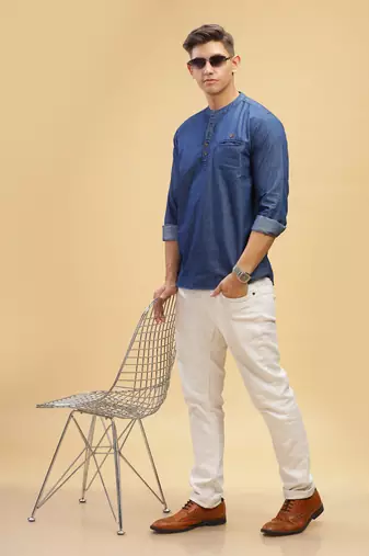 men's true blue short denim kurta